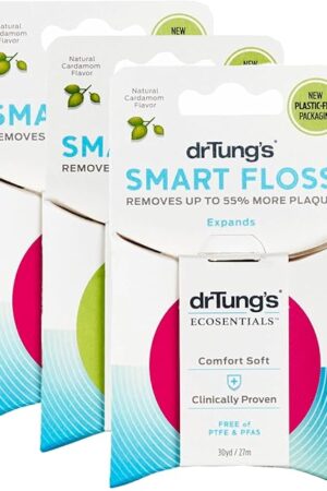 DrTung's Smart Floss - Natural Floss, PTFE & PFAS Free Floss, Gentle on Gums, Expands & Stretches, BPA Free - Natural Dental Floss Cardamom Flavor (Pack of 3)