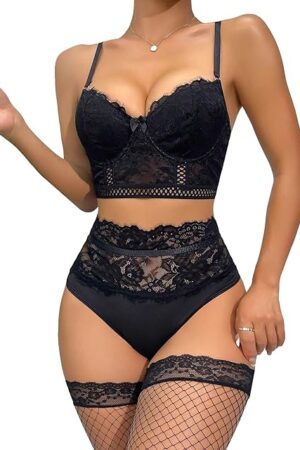 Women's 4 Pieces Floral Lace Underwire Sexy Lingerie Set with Fishnet Stockings