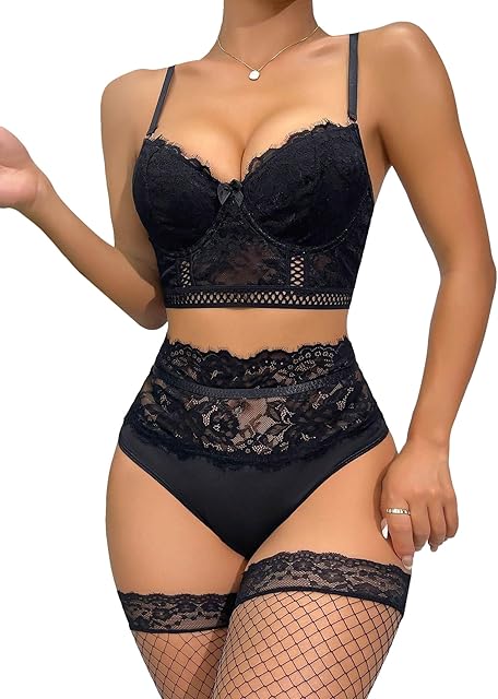 Women's 4 Pieces Floral Lace Underwire Sexy Lingerie Set with Fishnet Stockings
