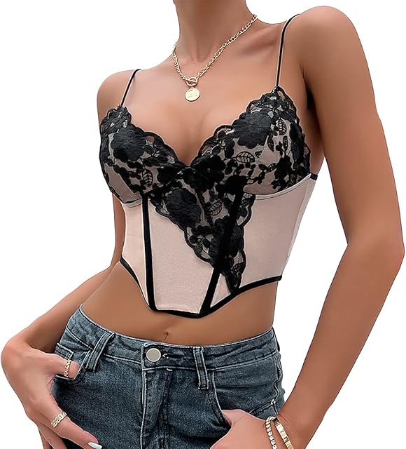 Women's Floral Lace Cami Crop Top Spaghetti Strap Sheer Mesh Corset Bustier Tops Bralette