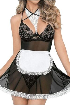 Women Lingerie Lace Chemise Sleepwear French Maid Role Play Costume Sexy Halter Mesh Babydoll Teddy Lingerie