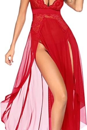 Women Lingerie Deep V Neck Nightwear One Piece Sexy Nightgowns Mosaic Lace Mesh Dress