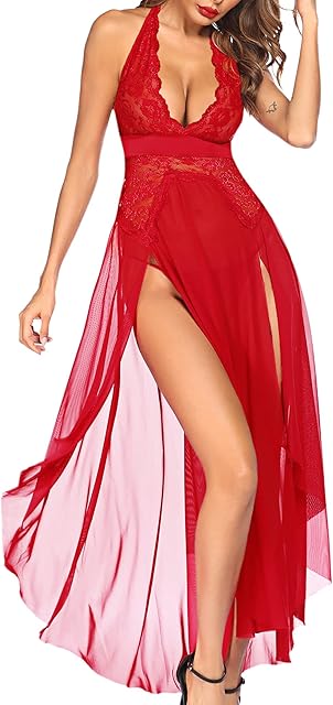 Women Lingerie Deep V Neck Nightwear One Piece Sexy Nightgowns Mosaic Lace Mesh Dress