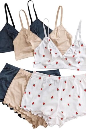 Women's Strawberry Pajamas Set Loungeries Crop Top and Shorts Lingerie Pjs Sets