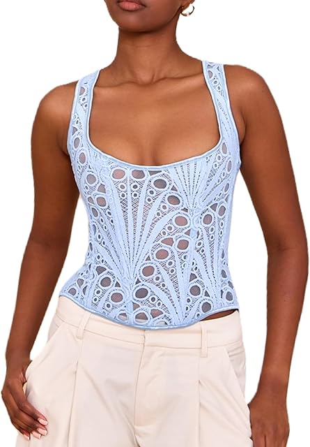 Women's Corset Top Sleeveless Hollow Out Textured Bustier Tank Shirt Tight Irregular Hem Lingerie Party Club Tops