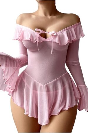 Women's 2 Piece Off Shoulder Long Sleeve Ruffle Mesh Sheer Nightgowns with Thongs Babydoll Lingerie Set