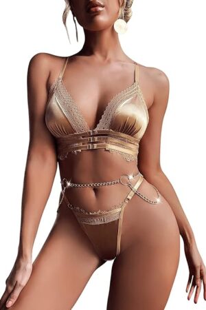 Women's Lingerie Set Lace Cut Out Bralette Bra and Panty 3 Pieces Garter Set