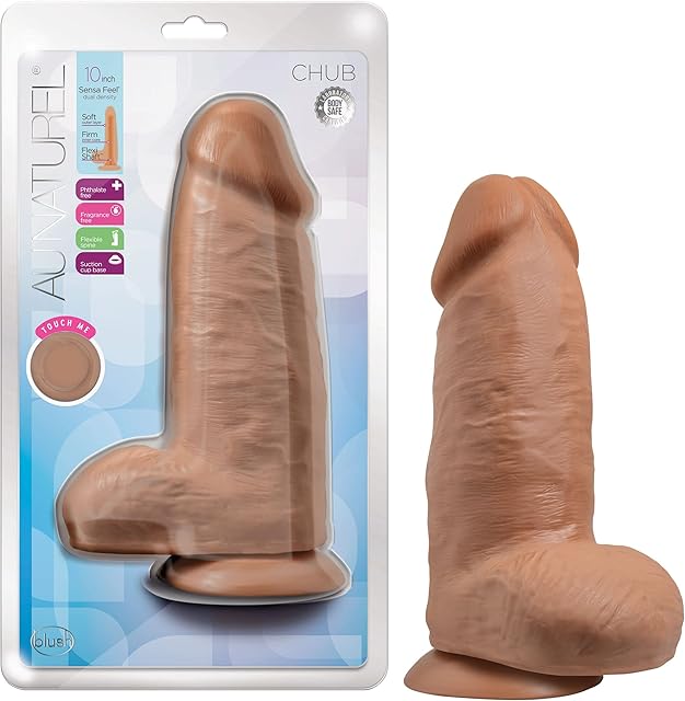 Blush Novelties Au Naturel Chub - Realistic 10 Inch Sensa Feel Dual Density Dildo - 3Thick FlexiShaft - Strap On Compatible Suction Cup for Hands Free Play - Anal, Vaginal Sex Toy