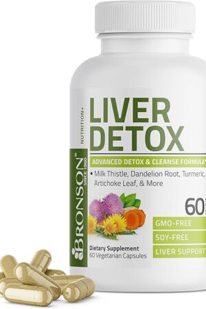Bronson Liver Detox Advanced Detox & Cleansing Formula Supports Health Liver Function with Milk Thistle, Dandelion Root, Turmeric, Artichoke Leaf & More, Non-GMO, 60 Vegetarian Capsules