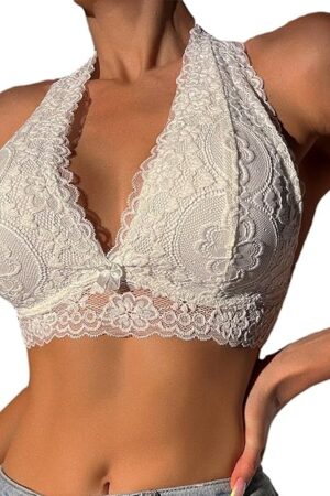 Floral Lace Halter Bralette for Women Unpadded Wirefree Lace Bra Halter Crop Top with Hook and Eye Closure Back