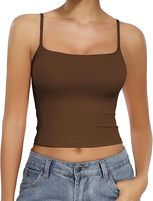 Womens Double Lined Tank Tops Basic Crop Top Square Neck Camisole Tops Spaghetti Strap Crop Cami
