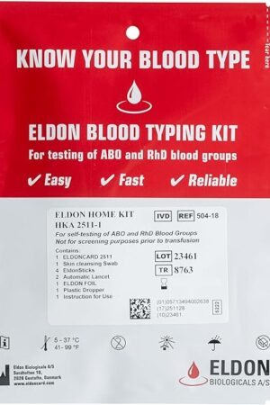 Eldoncard INC Blood Type Test (Complete KIT) - Find Out if You are A, B, O, AB & RH- Results in Minutes - Air Sealed Envelope, Safety Lancet, Micropipette, Cleansing Swab - 1 Pack