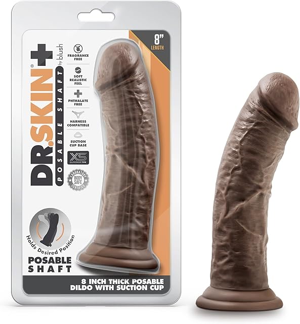 Blush Novelties Dr Skin Plus Realistic Triple Density Posable Dildo - 8 Inch Length 2 Inch Width - Sturdy Firm Suction Cup Base for Hands Free Play and Harness Compatible - Sex Toy