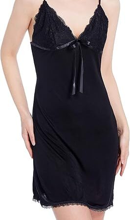 Womens Silk Chemise Nightgowns Sexy Sleepwear Laced V-Neck Pajama Tops Lingerie