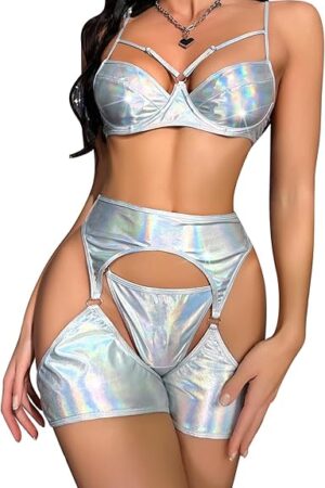 Women Rave Outfit Shiny Top with Bottoms Sets Music Festivals Halloween Cosplay Costume Sexy Dance Clubwear