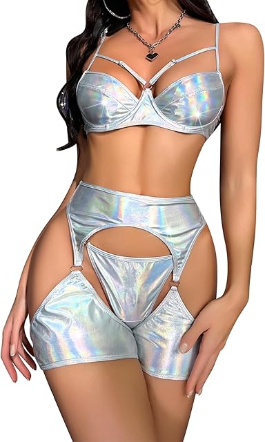 Women Rave Outfit Shiny Top with Bottoms Sets Music Festivals Halloween Cosplay Costume Sexy Dance Clubwear