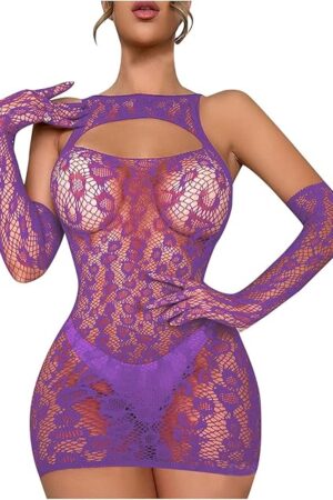 Women Fishnet Lingerie Set with Gloves 2 Piece Mesh Babydoll Chemise Bodycon Dress Cutout Lace Bodystockings Bodysuit