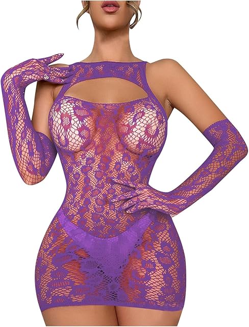 Women Fishnet Lingerie Set with Gloves 2 Piece Mesh Babydoll Chemise Bodycon Dress Cutout Lace Bodystockings Bodysuit