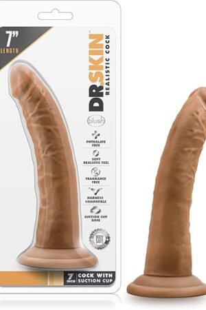 Blush Dr. Skin 7.5 Realistic Slim Shaft Dildo, 1.5 Wide Soft Lifelike Cock - Suction Cup, Strap-On Solo or Partner, Body-Safe Anal & Pegging Play - Adult Sex Toy for Women, Men & Couples - (Mocha)