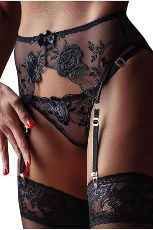 Women Floral Lace Garter Belt and G-String Set Plus Size Mesh Suspender Belt Sexy Embroidered Garter for Stockings