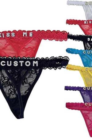 2-Pack Personalized Thongs with Names,Custom Thongs with Name On It,Customized Lace Underwear Panties with Rhinestone Shiny Letter Name for Women Girlfriend, custom lingerie with names,Valentines Day