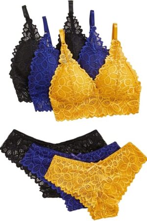 Women's 3 Pack Lace Matching Bra and Panty Sets Bow Cute Bralette Underwear Lingerie Set
