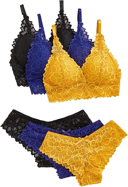 Women's 3 Pack Lace Matching Bra and Panty Sets Bow Cute Bralette Underwear Lingerie Set