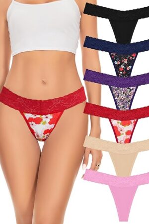 Lace Cotton Thongs for Women Sexy Seamless Womens Underwear Soft Breathable Thongs Panties 4/6/10 Pack