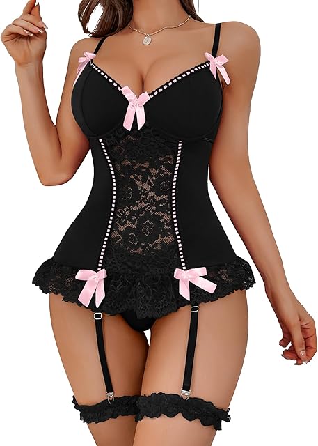 Women's Lingerie Lace Corset Lingerie Set Mesh Mini Babydoll with Garter Belt