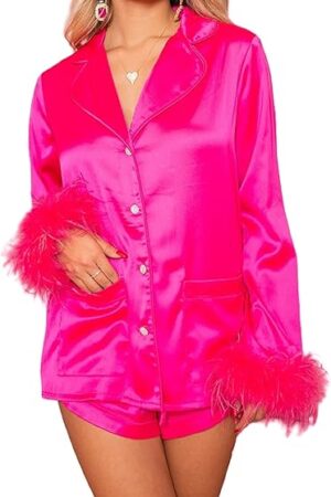 Womens Feather Trim Satin Pajama Set Long Sleeve Button Down Top and Shorts 2 Piece Silky Pjs Set Loungewear