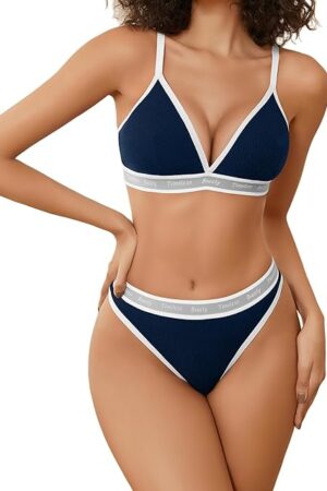 Womens Lingerie Contrast Matching Workout Sports Bra and Panty Set 2 Piece Yoga Gym Bralette and Thong