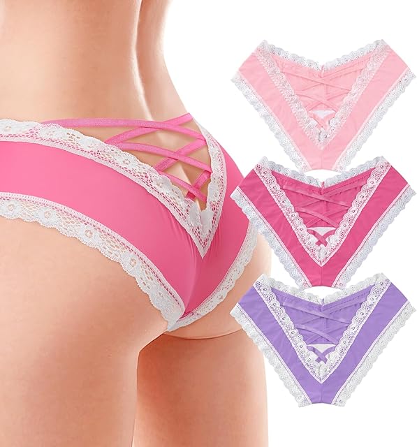 Lace Seamless Hipster Sexy V-Back Strappy Criss Cross Sissy Tease 3-Pack Panties Set