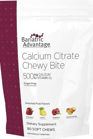Bariatric Advantage Calcium Citrate Chewy Bites 500 mg - for Bariatric Surgery Patients - Vitamin D3 - Sugar-Free Chewable Calcium Supplement - Bariatric Chews - Assorted Fruit - 90 Count