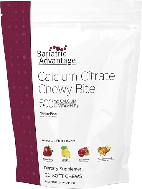 Bariatric Advantage Calcium Citrate Chewy Bites 500 mg - for Bariatric Surgery Patients - Vitamin D3 - Sugar-Free Chewable Calcium Supplement - Bariatric Chews - Assorted Fruit - 90 Count