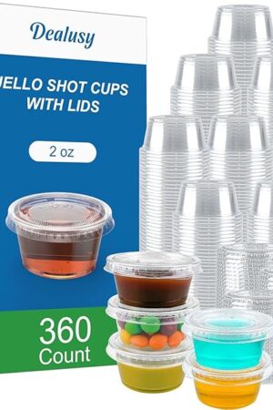 360 Set 2 oz Jello Shot Cups with Lids, Sturdy & Food Safe Disposable Plastic Portion Condiment Dipping Sauce Cups, Small Containers for Salad Dressing
