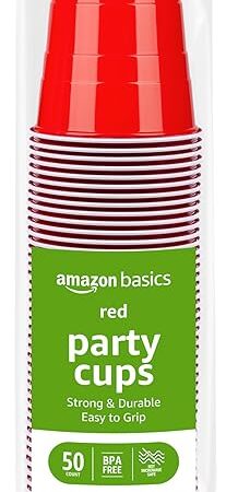 Amazon Basics Disposable Plastic Party Cups, Red, 18oz, 50 Count