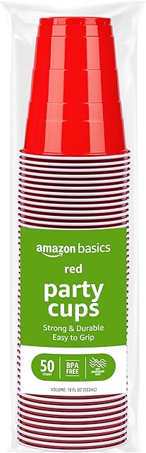 Amazon Basics Disposable Plastic Party Cups, Red, 18oz, 50 Count