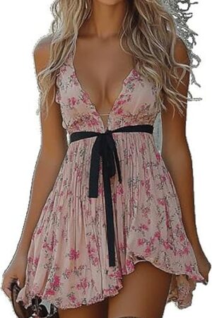 Boho Western Cowgirl Mini Dress for Women Halloween Gothic Sexy Deep V Neck Vintage Lace Ruffled Trim Sleeveless Dresses