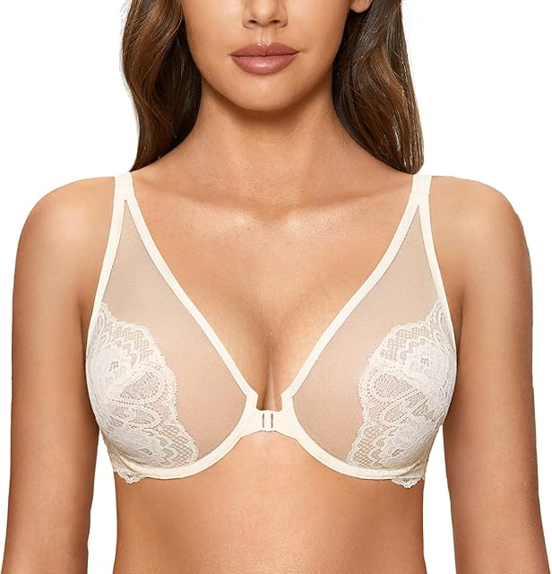 Women's Lace Bra Front Closure Bras Plunge Sexy See Through Minimizer Plus Size Underwire