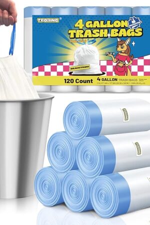 4 Gallon Trash Bags Drawstring 11 Mil - 120 Count White Small Garbage Bags Unscented for Bathroom, 15 Liter Thick Plastic Wastebasket Liners for Toilet Home Office and Bedroom