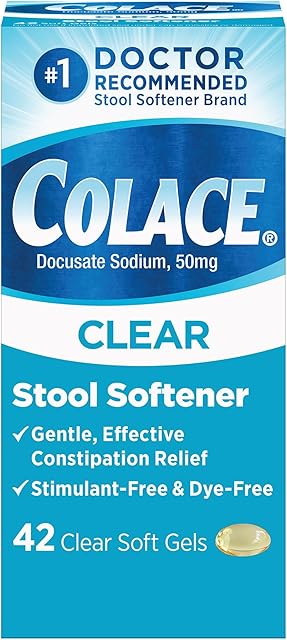 Colace Clear Stool Softener Soft Gel Capsules Constipation Relief 50mg Docusate Sodium Doctor Recommended 42ct