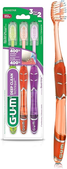 GUM Technique Deep Clean Toothbrush - Compact Head - Soft Toothbrushes for Adults with Sensitive Soft Bristles, 3ct