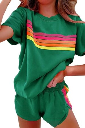 Womens 2 Piece Lounge Sets Rainbow Striped Matching Set Short Sleeve Tops Shorts Loungewear Tracksuit Travel Outfits