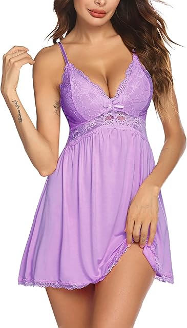 Womens Plus Size Nightgowns Sexy Lingerie Sleepwear Chemises Lace Nightgown Light Purple