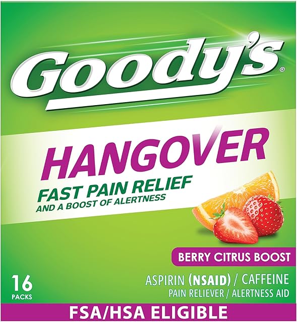 Goody?s Hangover Relief Powder, Headache Relief with Aspirin and Caffeine for Alertness, Berry Citrus Flavor Dissolve Packs, 16 Count