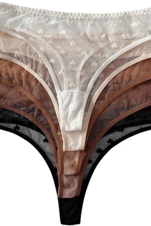 Women's 5 Pack Lace Sheer Panties Heart Print Low Rise Sexy Thongs Underwear