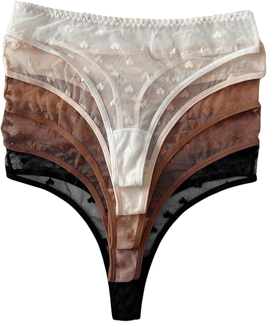 Women's 5 Pack Lace Sheer Panties Heart Print Low Rise Sexy Thongs Underwear