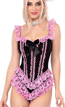 Women's Ruffle Bodysuit with Boning Sexy Halloween Costumes for Women Adult Sexy Bodysuit Lingerie Perfect for Burlesque or Vegas Showgirl Costume, Black/Pink, X-Small