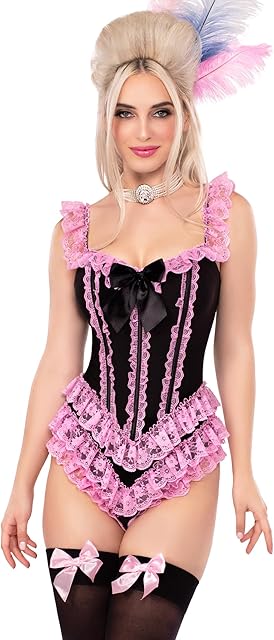Women's Ruffle Bodysuit with Boning Sexy Halloween Costumes for Women Adult Sexy Bodysuit Lingerie Perfect for Burlesque or Vegas Showgirl Costume, Black/Pink, X-Small