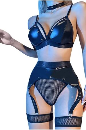 Women's Lingerie Set 3Pcs PU Leather Bra Top Mini Skirt Lace Up Teddy Babydoll Sleepwear Sexy Party Clubwear